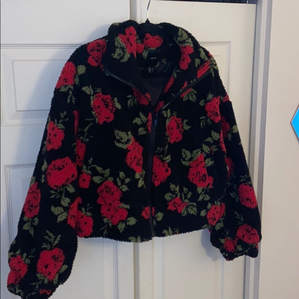 Rose print cropped teddy jacket